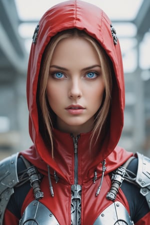 1girl,EA post apocalyptic portrait photo of a red hooded woman, (((front view))), blue eyes,beautiful female, beautiful face, biomechanical android with translucent lingerie armor,scientific illustration,white backgorund,alabaster skin,perfect face,Wonder of Beauty