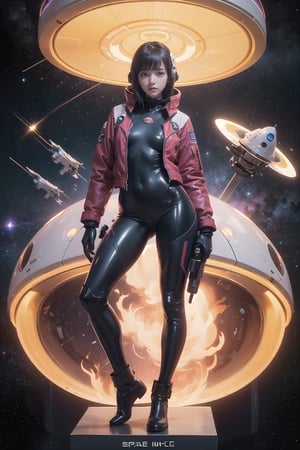 1 girl, fiery red jacket, tight suit,Space helm of the 1960s,and the anime series G Force of the 1980s,Ghost In The Shell style, Darf Punk wlop glossy skin, ultrarealistic sweet girl, space helm 60s, holographic, holographic texture, the style of wlop, space, stands on a pedestal,( with spaceships in the background)