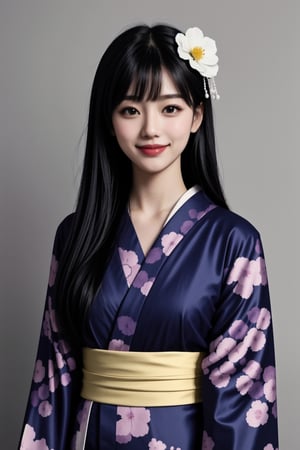 1girl, solo, long hair, looking at viewer, bangs, black hair, hair ornament, closed mouth, upper body, japanese clothes, hair flower, kimono, grey background, black eyes, lips, sash, realistic, smile, teeth,pastelbg,<lora:659111690174031528:1.0>