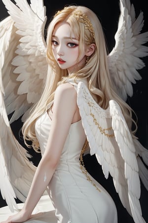 closed-up portrait, shot from side, a woman with golden hair and black eyes is in a white dress with a black background and a splash of paint,Celesmm, all white dress, pasty pale very white skin,angel_wings,aespakarina