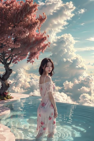 beautiful and elegant girl,wearing pink dress,happy smile,cloud borne pool,pink tree,surreal water,, 8k,Moody,atmospheric,painterly,fine details,cinematic composition,Warm lighting,gentle,nostalgic,flower,roses,tranquil,evocative,hazy atmosphere,a sense of solitude,dreamlike atmosphere,high level of detail,evocative color palette,8K resolution,lotus,aespakarina