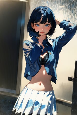 photorealistic:1.37, masterpiece, best quality, raw photo, absurdres, uhd, 1girl, short hair, black hair, looking at viewer, in the large meeting room of the office in the high tower office building in Tokyo, Tokyo tower, intricate detail, detailed background, detailed skin, pore, highres, hdr, presentation to ten men , beautiful model, soft light to the face, JP_MODELS, medium breasts, a 30 yo woman,((unbuttoned blue fishnet shirt)), (unbutton until navel), see through bra, ((black lace mini bra)), ((white tight skirt)), natural cleavage, one hand behind head playing with hair, blurry_light_background,chaewonlorashy
