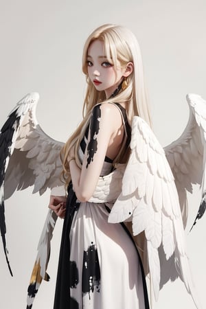 closed-up portrait, shot from side, a woman with golden hair and black eyes is in a white dress with a black background and a splash of paint,Celesmm, all white dress, pasty pale very white skin,angel_wings,aespakarina