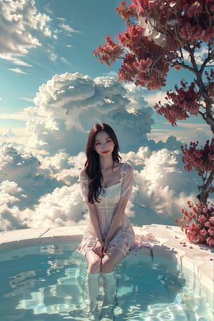 beautiful and elegant girl,wearing pink dress,happy smile,cloud borne pool,pink tree,surreal water,, 8k,Moody,atmospheric,painterly,fine details,cinematic composition,Warm lighting,gentle,nostalgic,flower,roses,tranquil,evocative,hazy atmosphere,a sense of solitude,dreamlike atmosphere,high level of detail,evocative color palette,8K resolution,lotus,aespakarina