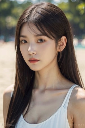 photo of a Top model KOREAn teenage, gorgious, soft skin,  symmetrical, at summer, whole body, at the beach, perfect detail ,  Looking at viewer, make up, hairstyle is long straight black hair, 
soft studio lighting, highly detailed face, from side, photo realistic, (looking into camera:1.7),dream_girl