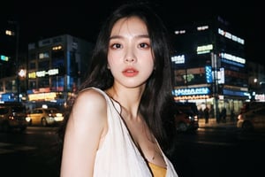 1girl,  slender pale white Korean girl K-pop idol, long hair,  instagram model,  50mm, flash photography,  real life, cute face, large breasts, 