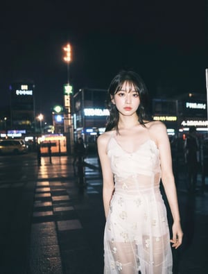 1girl,  slender pale white Korean girl K-pop idol, long hair,  instagram model,  50mm, flash photography,  real life, cute face, large breasts, (naked) , city street,FUJI