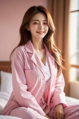 (masterpiece, Best Quality, photorealistic, ultra-detailed, finely detail, high resolution, 8K wallpaper), a close-up portrait of 1 beautiful woman, lying on the bed, just got up in the morning, japanese, smiling happily, light-brown messy long hair, untidy hair, in pink pajamas, sharp-focus, large-sized breasts, unbuttoned, perfect dynamic composition, beautiful detailed eyes, detailed hair, detailed realistic skin texture, in bedroom, morning sunlight,xxmix_girl,LinkGirl,FilmGirl,korean girl,doctor,labcoat