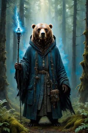 Art by Mandy Disher, digital art 8k, Jean-Baptiste Monge style, art by Cameron Gray, sacred land, dark forest, anthropomorphic angry grizzly wearing black dress, black robe, dynamic pose, holding a blue lightsaber, huge swastika pendat, close-up, masterpiece, best quality, high quality, moss, temple background, complementary colors, extremely detailed, volumetric clouds, stardust, 8k resolution, watercolor, Razumov style. Artwork by Razumov and Volegov, Artwork by Carne Griffiths and Wadim Kashin rutkowski repin artstation surrealist painting, 4k resolution blade runner, sharp focus, light emitting diodes, smoke, artillery, sparks, rack, system unit, artstation Surrealistic painting detailed figure concept art design matte painting