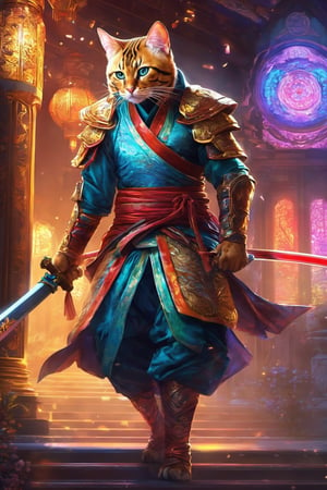 arcade game style, humanoid Bengal cat ninja, walking in 2 feets, samurai sword in hand

colorful,  ultra highly detailed,  32 k,  Fantastic Realism complex background,  dynamic lighting,  lights,  digital painting,  intricated pose,  highly detailed intricated,  stunning,  textures,  iridescent and luminescent scales,  breathtaking beauty,  pure perfection,  divine presence,  unforgettable,  impressive,  volumetric light,  auras,  rays,  vivid colors reflects,  sf,  greg rutkowski,