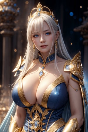 best quality, high resolution, 8k, realistic, sharp focus, photorealistic image of a graceful white haired lady, blue eyes, this lady wearing golden armor with golden magical bell in her possesion, shiny skin, ice theme, huoshen, zhurongshi, huoshen, blurry_light_background, EpicSky,1 girl,with huge boobs