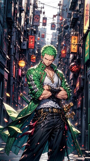  Roronoa Zoro, the iconic character from the One Piece anime:

"Generate a striking and highly detailed visual representation of the legendary swordsman, Roronoa Zoro, from the One Piece anime. Zoro is known for his distinctive appearance and formidable skills.

His hair is a vibrant shade of green, complementing his determined brown eyes. He stands tall and resolute, exuding an air of strength and unwavering determination. Zoro is clad in his signature green outfit, complete with a white haramaki and a bandana.

In his skilled hands, he wields not one but two katana swords, each one unique and finely detailed. The swords should be a reflection of his mastery and the essence of his character.

This image should capture the essence of Zoro's iconic appearance, showcasing his powerful presence and his status as one of the most beloved characters in the One Piece series." Photographic cinematic super super high detailed super realistic image, 8k HDR super high quality image, masterpiece,perfecteyes,zoro, ((perfect hands)), ((super high detailed image)), ((perfect swords)), ,Cyberpunk