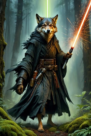 Art by Mandy Disher, digital art 8k, Jean-Baptiste Monge style, art by Cameron Gray, sacred land, dark forest, anthropomorphic angry wolf wearing black dress, black robe, dynamic pose, holding one lightsaber, close-up, masterpiece, best quality, high quality, moss, temple background, complementary colors, extremely detailed, volumetric clouds, stardust, 8k resolution, watercolor, Razumov style. Artwork by Razumov and Volegov, Artwork by Carne Griffiths and Wadim Kashin rutkowski repin artstation surrealist painting, 4k resolution blade runner, sharp focus, light emitting diodes, smoke, artillery, sparks, rack, system unit, artstation Surrealistic painting detailed figure concept art design matte painting
