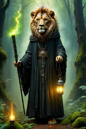 Art by Mandy Disher, digital art 8k, Jean-Baptiste Monge style, art by Cameron Gray, sacred land, dark forest, anthropomorphic angry lion wearing black dress, black robe, dynamic pose, holding a lightsaber, rosary beads, lamp in hand, close-up, masterpiece, best quality, high quality, moss, temple background, complementary colors, extremely detailed, volumetric clouds, stardust, 8k resolution, watercolor, Razumov style. Artwork by Razumov and Volegov, Artwork by Carne Griffiths and Wadim Kashin rutkowski repin artstation surrealist painting, 4k resolution blade runner, sharp focus, light emitting diodes, smoke, artillery, sparks, rack, system unit, artstation Surrealistic painting detailed figure concept art design matte painting