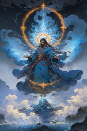 cinematic, ultra realistic, Etheric Mind. A man meditating, long black beard and hair, brown skin, lighting as part of human body, light blue linen robe, sparks and surges, splashes of water, (((blue aura, circle of tantra as geometry background))), ready to print, vibrant, Sci-fi, Leonardo Style, high_mountain, (oceans), glowing aura, swirling blue light around the character, light particles,magic circle, Spirit mace Pendant, (floating_aura:1.4), energy spiral, fantastic atmosphere, fantastic sense of light, science fiction, bloom, Bioluminescent, liquid, floating_fragments:1.3, painting by jakub rozalski, (depth_of_field:1.4), mythical clouds, rainbow_cloud