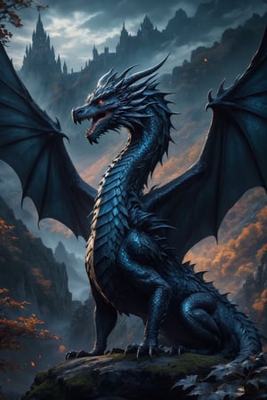 Generate hyper realistic image of a dragon with  raven, shimmering skin that reflects light in mesmerizing patterns, giving them an ethereal and otherworldly appearance, gothic landscape,