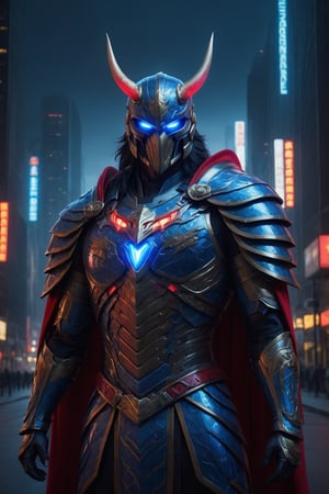 Eagle man, eagle face, horns, red and blue, villain cape, angry, glowing eyes and an aura of rage surrounding him, cinematic style, anamorphic lens, black fog filter, film grain, perfect composition, film grain, film lighting, good composition, good anatomy, intimidating, american cityscape,

