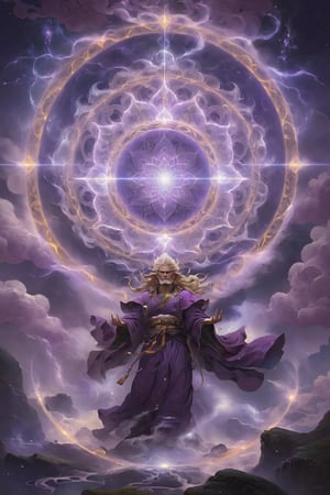 cinematic, ultra realistic, Etheric Mind. A man meditating, long blonde beard and hair, lighting as part of human body, lilac linen robe, sparks and surges, bolts of lightning , (((violet aura, buddhist mandala as geometry background))), ready to print, vibrant, Sci-fi, Leonardo Style, high_mountain, (thunder), glowing aura, swirling lilac light around the character, light particles,magic circle, Spirit vajra Pendant, (floating_aura:1.4), energy spiral, fantastic atmosphere, fantastic sense of light, science fiction, bloom, Bioluminescent, liquid, floating_fragments:1.3, painting by jakub rozalski, (depth_of_field:1.4), mythical clouds, rainbow_cloud