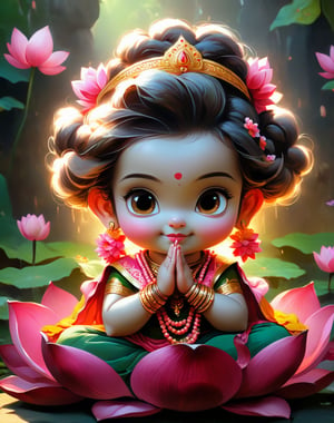 Ultra details, masterpiece, 32k, happy very beautifull cute adorable little teen happy girl Durga maa, white skin, goddess wearing traditional hindu saree and blouse, sitting on a giant pink lotus, holding a rosary, flower cgsocaity 21,anime style , 8k resolution photorealistic masterpiece, intricately detailed fluid gouache painting, acrylic: colorful watercolor art, cinematic lighting, maximalist photoillustration, 8k resolution concept art intricately detailed, complex, elegant, expansive, fantastical, psychedelic realism, warrior cute goddess, flower crown, perfect hand. 5 fingers, beautiful kind eyes, full goddess Vibe, vibrant cenematic super super realistic ,Gopn1k, beautiful saree , charming happy face, noble works, art in artstation, very cute adorable child sitting on giant lotus, ANIME_MaMiSun_ownwaifu,Leonardo Style, illustration, 2 legs,vector art,more detail XL