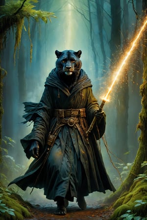 Art by Mandy Disher, digital art 8k, Jean-Baptiste Monge style, art by Cameron Gray, sacred land, dark forest, anthropomorphic angry panther wearing black dress, black robe, dynamic pose, holding one lightsaber, close-up, masterpiece, best quality, high quality, moss, temple background, complementary colors, extremely detailed, volumetric clouds, stardust, 8k resolution, watercolor, Razumov style. Artwork by Razumov and Volegov, Artwork by Carne Griffiths and Wadim Kashin rutkowski repin artstation surrealist painting, 4k resolution blade runner, sharp focus, light emitting diodes, smoke, artillery, sparks, rack, system unit, artstation Surrealistic painting detailed figure concept art design matte painting