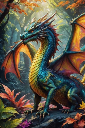 Generate hyper realistic image of a dragon with canary, shimmering skin that reflects light in mesmerizing patterns, giving them an ethereal and otherworldly appearance, psychedelic landscape,