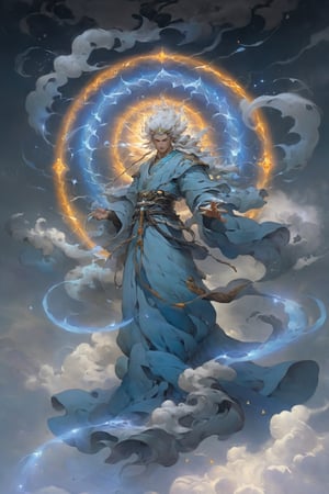 cinematic, ultra realistic, Etheric Mind. A man meditating, white hair and brows, lighting as part of human body, light blue linen robe, sparks and surges, gusts of wind , (((white aura, element of life as geometry background))), ready to print, vibrant, Sci-fi, Leonardo Style, high_mountain, (typhoon), glowing aura, swirling light blue light around the character, light particles,magic circle, Spirit diamond Pendant, (floating_aura:1.4), energy spiral, fantastic atmosphere, fantastic sense of light, science fiction, bloom, Bioluminescent, liquid, floating_fragments:1.3, painting by jakub rozalski, (depth_of_field:1.4), mythical clouds, rainbow_cloud