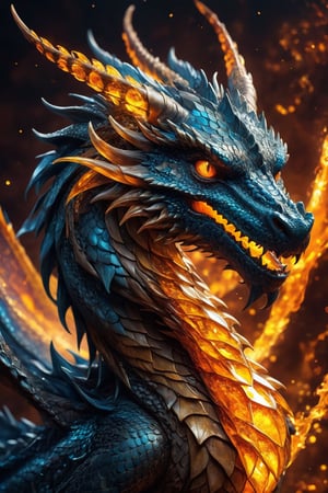 Generate hyper realistic image of a dragon with Amber, shimmering skin that reflects light in mesmerizing patterns, giving them an ethereal and otherworldly appearance, fiery background,