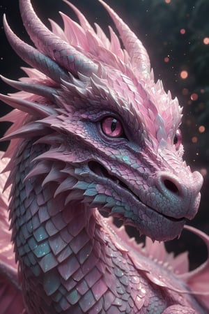 Generate hyper realistic image of a dragon with baby pink, shimmering skin that reflects light in mesmerizing patterns, giving them an ethereal and otherworldly appearance, close-up,