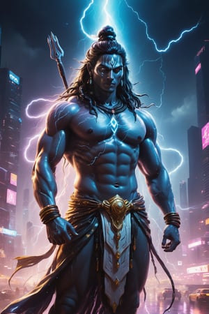 A detailed, hyper-realistic painting of Lord Shiva in the future. He is standing in a neon-lit cyberpunk city, trident in hand, surrounded by towering skyscrapers and futuristic technology. eyes are glowing white with power. He is surrounded by streaks of lightning and motion blur, creating a sense of dynamic movement. The overall tone of the image is bright and optimistic, with a hint of danger and excitement.