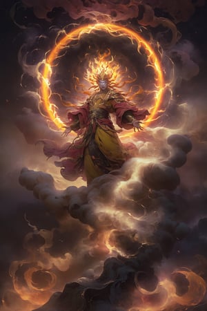 cinematic, ultra realistic, Etheric Mind. A man meditating, hair and brows of fire, lighting as part of human body, red linen robe, sparks and surges, arcs of fire , (((orange aura, ring of fire as geometry background))), ready to print, vibrant, Sci-fi, Leonardo Style, high_mountain, (thunder), glowing aura, swirling yellow light around the character, light particles,magic circle, Spirit ruby Pendant, (floating_aura:1.4), energy spiral, fantastic atmosphere, fantastic sense of light, science fiction, bloom, Bioluminescent, liquid, floating_fragments:1.3, painting by jakub rozalski, (depth_of_field:1.4), mythical clouds, rainbow_cloud