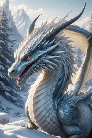 Generate hyper realistic image of a dragon with ivory shimmering skin that reflects light in mesmerizing patterns, giving an ethereal and otherworldly appearance. Snowy landscape,