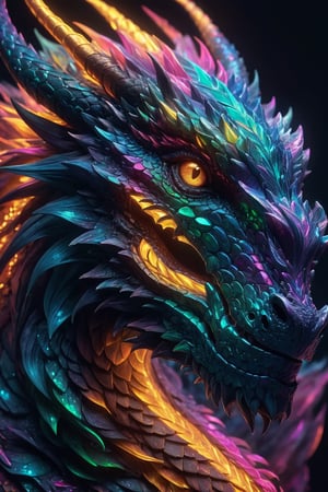 Generate hyper realistic image of a dragon with neon colours, shimmering skin that reflects light in mesmerizing patterns, giving them an ethereal and otherworldly appearance, close-up,