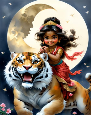 masterpiece, 32k, happy, very beautifull cute adorable little teen happy girl Durga maa, wearing traditional hindu saree, holding a ringing bell, sitting on a giant traditional warrior tiger, giant moon in background,, in Japan flower cgsocaity 21, anime style, 8k resolution photorealistic masterpiece, intricately detailed fluid gouache painting by Jean Baptiste Monge, acrylic: colorful watercolor art, cinematic lighting, maximalist photoillustration, concept art intricately detailed, complex, elegant, expansive, fantastical, psychedelic realism, flower crown, in epic sky, tiny Golden shinning, perfect hand. 5 fingers, beautiful kind eyes, full goddess Vibe, vibrant cinematic super super realistic ,Gopn1k, noble works, art in artstation, ANIME_MaMiSun_ownwaifu,Leonardo Style, illustration,more detail XL