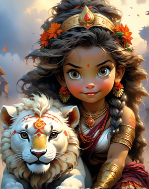 Ultra details, masterpiece, 32k, happy very beautifull cute adorable little teen happy girl Durga maa, with a child, flower head goddess wearing traditional hindu sarees sitting sitting sitting on giant traditional warrior traditional giant horse floting in Japan flower cgsocaity 21,anime style , 8k resolution photorealistic masterpiece, intricately detailed fluid gouache painting, by Jean Baptiste Monge, acrylic: colorful watercolor art, cinematic lighting, maximalist photoillustration, 8k resolution concept art intricately detailed, complex, elegant, expansive, fantastical, psychedelic realism, dripping paint, warrior cute goddess flower crown with very powerful weapon trident sitting sitting giant asthetic horse in epic sky, can't believe how beautiful she is, tiny Golden shinning, perfect hand. 5 fingers, beautiful kind eyes, varieties poses. Different different poses, fully goddess Vibe, vibrant cenematic super super realistic ,Gopn1k, flying,sky sky moon weapon hand, wearing saree, beautiful saree , charming happy face, noble works, art in artstation, very cute adorable child sitting on giant lion,ANIME_MaMiSun_ownwaifu,Leonardo Style, illustration, 2 legs,vector art,more detail XL