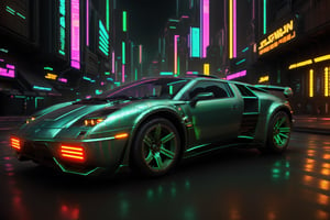 Lamborgini diablo green color metallic, cyberpunk, realistic render, star war ambient, star war style, futuristic  night city, akira style, neon ilumination
