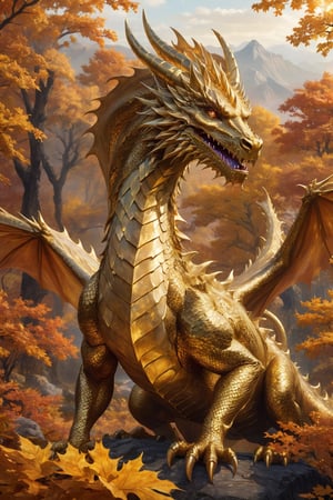 Generate hyper realistic image of a dragon with gold, shimmering skin that reflects light in mesmerizing patterns, giving them an ethereal and otherworldly appearance, Autumn landscape,