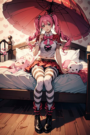 perona, 1girl, red capelet, pink bowtie, full body, floating, (thick eyelid) , red skirt, red parted lips,  (pink refined umbrella) , big breasts, twin drills, drill hair, long hair, pink military boots , twintails, smug, ((circular eyes, wide eyes)) , (black eyes:1.4)  , (bedroom background)) , (sit bed) , (white and black striped stockings) day,  surrounded by ghosts , ghosts with cap ,  (masterpiece), high res, best quality , refined lighting, wearing mini pink and withe t-shirt, 6 stuffed animals of different types, thinking in Roronoa Zoro.