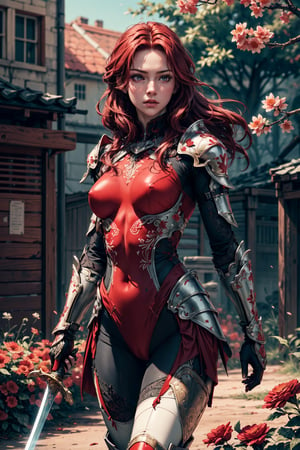 (4k), (masterpiece), (best quality),(extremely intricate), (realistic), (sharp focus), (cinematic lighting), (extremely detailed),

A girl knight in white plate armor with crimson red embroideries, walking across a battlefield, her sword raised in defiance. The sun is shining through her flowing long red hair giving the scene a slightly red tint.

,flower4rmor, flower see-through bodysuit,Flower
,matwaretech, scifi, red hues,stealthtech, almost_naked, breasts, Blur background 
