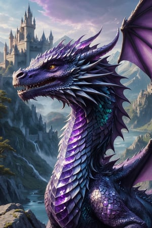 Generate hyper realistic image of a dragon with amethyst, shimmering skin that reflects light in mesmerizing patterns, giving them an ethereal and otherworldly appearance, castles in background,