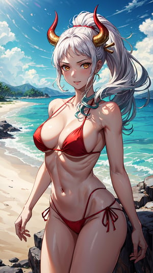 {(Yamato)}, 1girl, hot Girl, {(anime, 8k, masterpiece, top quality, best quality, beautiful and aesthetic, professional illustrasion, ultra detail, perfect lighting, perfect shading, perfect sharpness, HDR)}, {(White hair with green ends, long hair, red horns on his head, beautiful hair, detailed hair, glowing hair)}, {(golden eyes, ultra detailed eyes, beautiful eyes, glowing eyes)}, {(detailed face, detailed nose, detailed mouth, pretty face)}, {(athletic and sensual body, perfect body, perfect arms, perfect hands, perfect legs, detailed body, beautiful body)}, {(wearing a red bikini, ultra detailed clothes, beautiful clothes)}, {(standing, Expression of happiness)}, {(paradise beach landscape, ultra detailed landscape, very beautiful landscape, high quality landscape)}, {(summer day, sunny, ultra detailed sky, high quality sky, beautiful sky, perfect sky)}, {(yamato\(one piece\))}