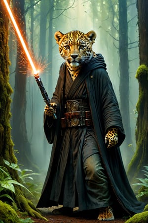 Art by Mandy Disher, digital art 8k, Jean-Baptiste Monge style, art by Cameron Gray, sacred land, dark forest, anthropomorphic angry leopard wearing black dress, black robe, dynamic pose, holding a lightsaber, close-up, masterpiece, best quality, high quality, moss, temple background, complementary colors, extremely detailed, volumetric clouds, stardust, 8k resolution, watercolor, Razumov style. Artwork by Razumov and Volegov, Artwork by Carne Griffiths and Wadim Kashin rutkowski repin artstation surrealist painting, 4k resolution blade runner, sharp focus, light emitting diodes, smoke, artillery, sparks, rack, system unit, artstation Surrealistic painting detailed figure concept art design matte painting