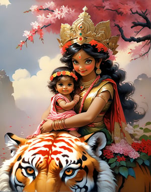 very beautifull cute adorable little teen happy girl Durga maa, wearing traditional hindu saree, with her kid, sitting on a giant traditional warrior tiger, in Japan flower cgsocaity 21, anime style, 8k resolution, photorealistic masterpiece, intricately detailed fluid gouache painting by Jean Baptiste Monge, acrylic: colorful watercolor art, cinematic lighting, maximalist photoillustration, concept art intricately detailed, complex, elegant, expansive, fantastical, psychedelic realism, flower crown, perfect hand. 5 fingers, beautiful kind eyes, full goddess Vibe, vibrant cinematic super super realistic ,Gopn1k, noble works, art in artstation, ANIME_MaMiSun_ownwaifu,Leonardo Style, illustration,more detail XL