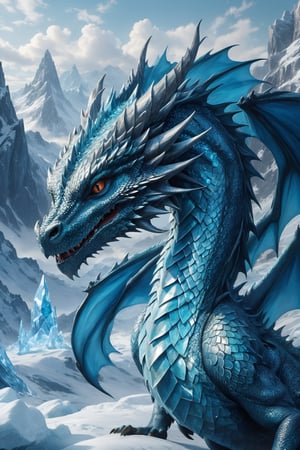 Generate hyper realistic image of a dragon with cerulean, shimmering skin that reflects light in mesmerizing patterns, giving them an ethereal and otherworldly appearance, icy landscape,