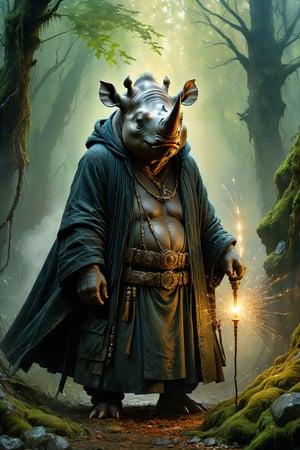 Art by Mandy Disher, digital art 8k, Jean-Baptiste Monge style, art by Cameron Gray, sacred land, dark forest, anthropomorphic angry rhino wearing black dress, black robe, dynamic pose, holding a lightsaber, huge gemstones swastika pendat, close-up, masterpiece, best quality, high quality, moss, temple background, complementary colors, extremely detailed, volumetric clouds, stardust, 8k resolution, watercolor, Razumov style. Artwork by Razumov and Volegov, Artwork by Carne Griffiths and Wadim Kashin rutkowski repin artstation surrealist painting, 4k resolution blade runner, sharp focus, light emitting diodes, smoke, artillery, sparks, rack, system unit, artstation Surrealistic painting detailed figure concept art design matte painting