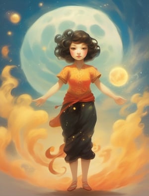 1girl, arms at sides, black curly hair, casting spell, fire, moon, short hair, solo, standing 