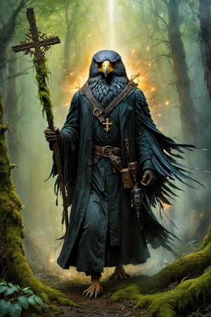 Art by Mandy Disher, digital art 8k, Jean-Baptiste Monge style, art by Cameron Gray, sacred land, dark forest, anthropomorphic angry eagle wearing black dress, black robe, dynamic pose, holding a lightsaber, gothic cross, close-up, masterpiece, best quality, high quality, moss, temple background, complementary colors, extremely detailed, volumetric clouds, stardust, 8k resolution, watercolor, Razumov style. Artwork by Razumov and Volegov, Artwork by Carne Griffiths and Wadim Kashin rutkowski repin artstation surrealist painting, 4k resolution blade runner, sharp focus, light emitting diodes, smoke, artillery, sparks, rack, system unit, artstation Surrealistic painting detailed figure concept art design matte painting