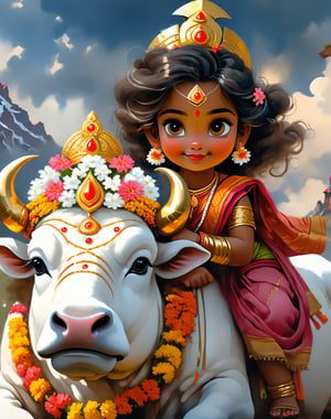 Ultra details, masterpiece, 32k, happy very beautifull cute adorable little teen happy girl Durga maa flower head goddess wearing traditional hindu sarees sitting sitting sitting on giant traditional warrior traditional giant white ox in the Himalayas, flower cgsocaity 21,anime style , 8k resolution photorealistic masterpiece, intricately detailed fluid gouache painting, by Jean Baptiste Monge, acrylic: colorful watercolor art, cinematic lighting, maximalist photoillustration, 8k resolution concept art intricately detailed, complex, elegant, expansive, fantastical, psychedelic realism, warrior cute goddess flower crown, with a trident, sitting giant asthetic ox in epic sky, can't believe how beautiful she is, tiny Golden shinning, perfect hand. 5 fingers, beautiful kind eyes, varieties poses. Different different poses, fully goddess Vibe, vibrant cenematic super super realistic ,Gopn1k, flying,sky sky moon weapon hand, wearing saree, beautiful saree , charming happy face, noble works, art in artstation, very cute adorable child sitting on giant ox,ANIME_MaMiSun_ownwaifu,Leonardo Style, illustration, 2 legs,vector art,more detail XL