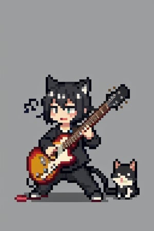 a cute cat playing guitar surrounded by black music notes in grey background, pixel art.,Pixel art,pixelpainful