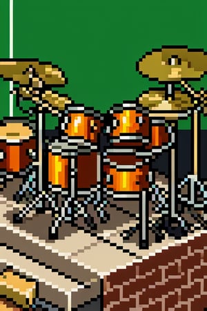 A drum kit with a green screen in the background, pixel art , pixelpainful, PixelartFSS,Pixel world