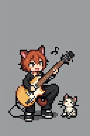 a cute cat playing guitar surrounded by black music notes in grey background, pixel art.,Pixel art,pixelpainful